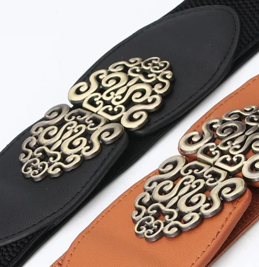 Retro Carved Double-Buckle Elastic Belt